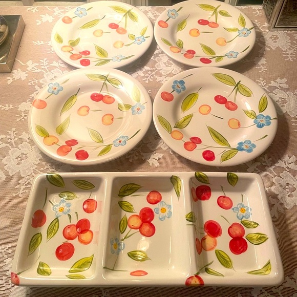 Vintage Tabletops Gallery Cherry Blossom Hand Painted 4 Plates and Serving Dish - Picture 8 of 9